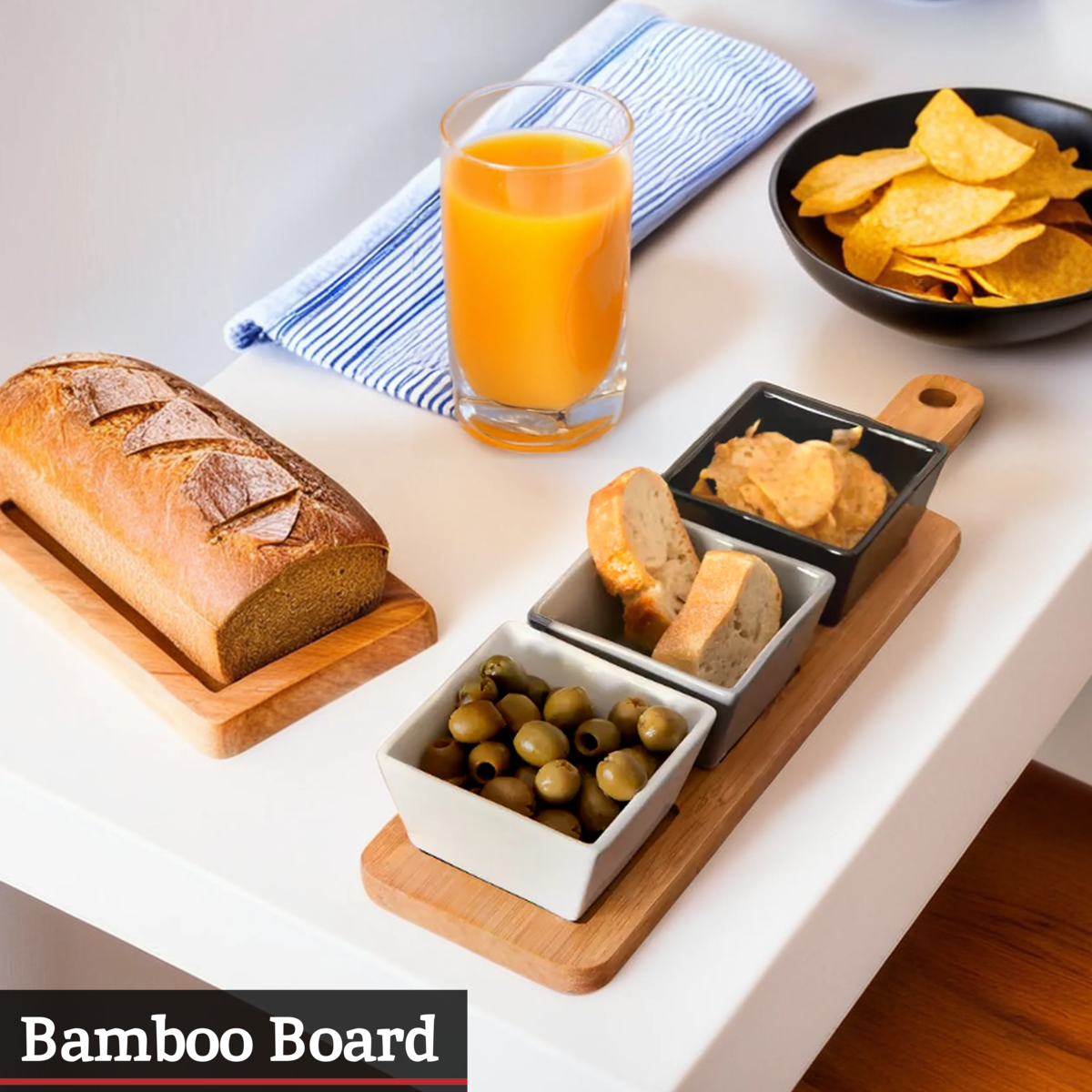 Orsina Bamboo Serving Board with 3 Square Porcelain Dishes - Light Brown