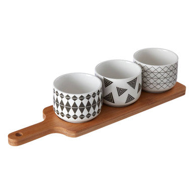 Orsina Bamboo Serving Board with 3 Patterned Porcelain Appetizer Dishes