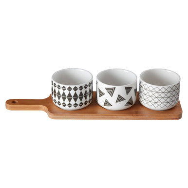 Orsina Bamboo Serving Board with 3 Patterned Porcelain Appetizer Dishes