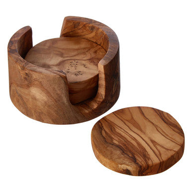 Orsina Kora Olive Wood Round Coasters – Set of 4 with Holder