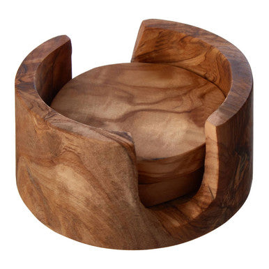 Orsina Kora Olive Wood Round Coasters – Set of 4 with Holder