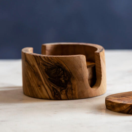 Orsina Kora Olive Wood Round Coasters – Set of 4 with Holder