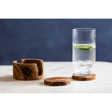Orsina Kora Olive Wood Round Coasters – Set of 4 with Holder