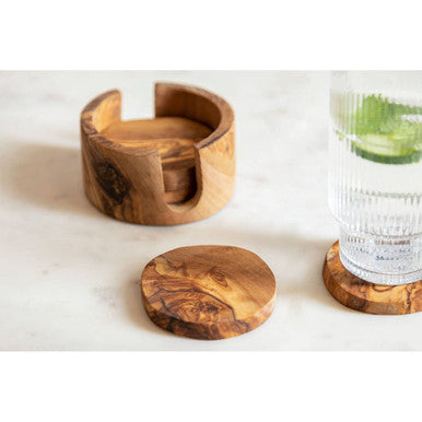 Orsina Kora Olive Wood Round Coasters – Set of 4 with Holder