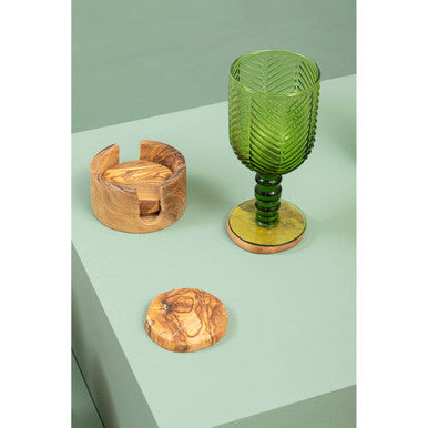 Orsina Kora Olive Wood Round Coasters – Set of 4 with Holder