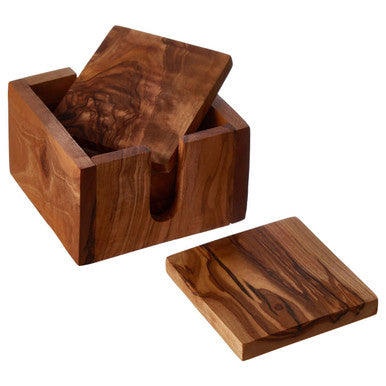 Orsina Olive Wood Square Coasters – Set of 4 with Matching Holder