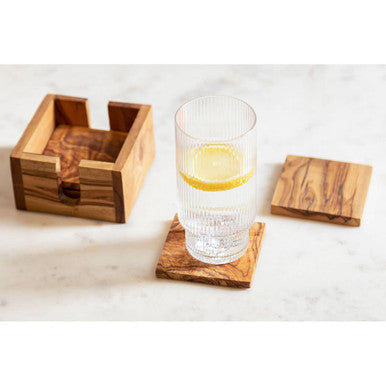 Orsina Olive Wood Square Coasters – Set of 4 with Matching Holder