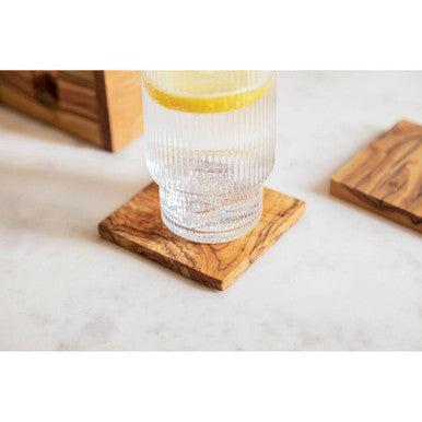 Orsina Olive Wood Square Coasters – Set of 4 with Matching Holder