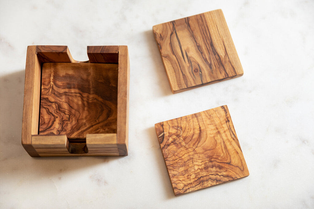 Orsina Olive Wood Square Coasters – Set of 4 with Matching Holder