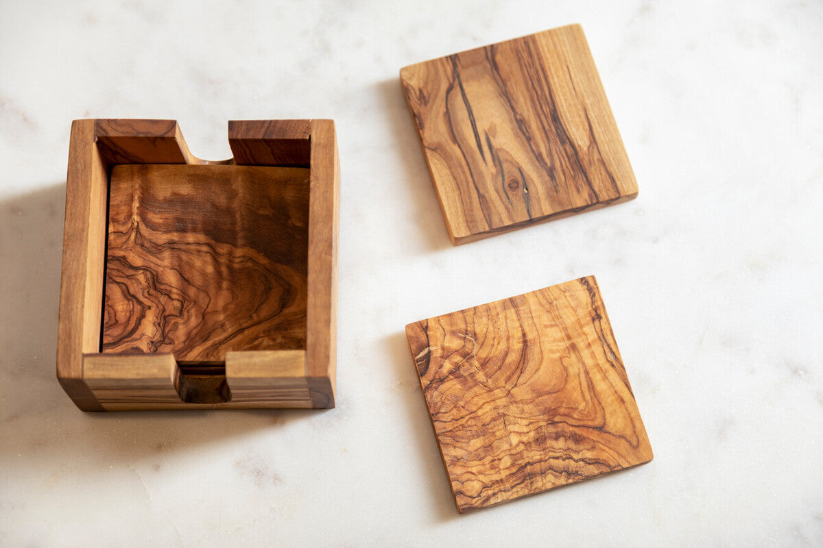 Orsina Olive Wood Square Coasters – Set of 4 with Matching Holder