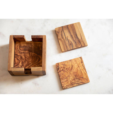 Orsina Olive Wood Square Coasters – Set of 4 with Matching Holder