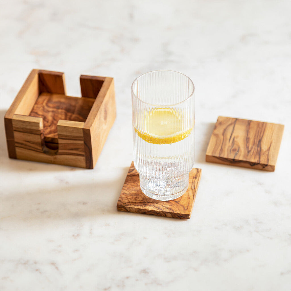 Orsina Olive Wood Square Coasters – Set of 4 with Matching Holder