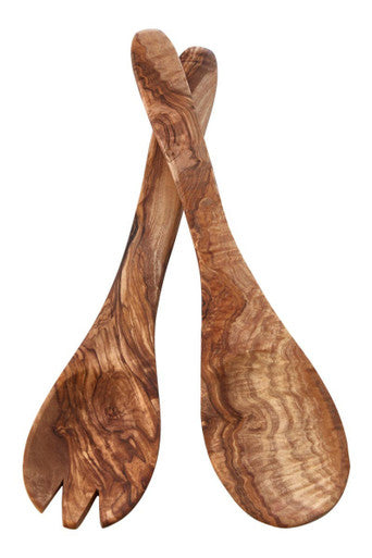 Orsina Kora Olive Wood Flat Salad Servers – 2-Piece Wooden Serving Set