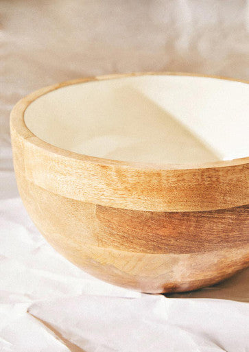 Orsina Kara Mango Wood Round Serving Bowl – White Interior Salad Bowl