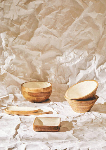 Orsina Kara Large Mango Wood Serving Bowl with White Enamel Interior