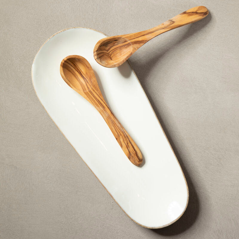 Orsina Kara Small Oval Serving Dish – White Enamel & Mango Wood