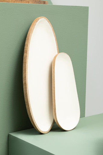 Orsina Kara Small Oval Serving Dish – White Enamel & Mango Wood