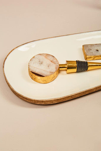 Orsina Kara Large Oval Serving Platter – Mango Wood & White Enamel