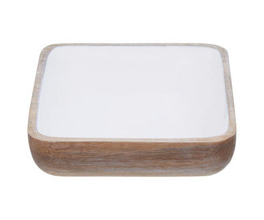 Orsina Kara Medium Mango Wood Square Bowl with White Enamel Inlay