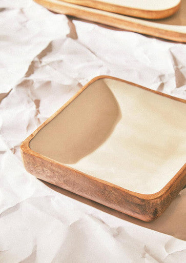 Orsina Kara Medium Mango Wood Square Bowl with White Enamel Inlay