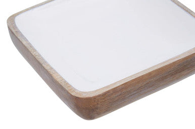 Orsina Kara Medium Mango Wood Square Bowl with White Enamel Inlay
