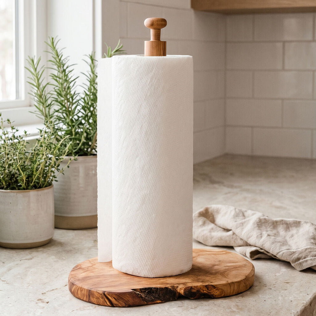 Orsina Kora Olive Wood Paper Towel Holder – Rustic Kitchen Roll Stand
