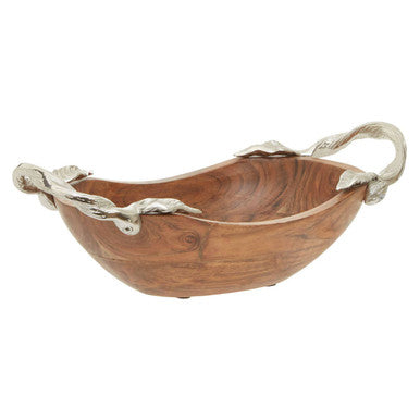 Orsina Vine Acacia Wood Small Oval Bowl with Silver Leaf Handles