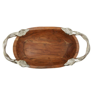 Orsina Vine Acacia Wood Small Oval Bowl with Silver Leaf Handles