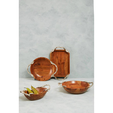 Orsina Vine Acacia Wood Small Oval Bowl with Silver Leaf Handles