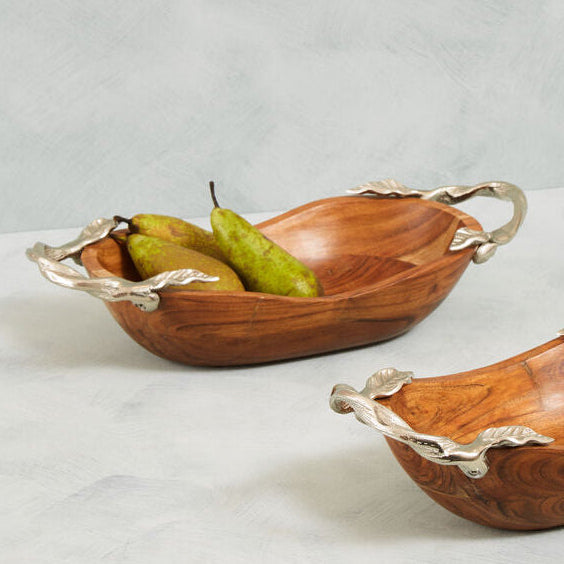 Orsina Vine Acacia Wood Small Oval Bowl with Silver Leaf Handles