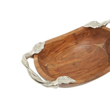 Orsina Vine Acacia Wood Small Oval Bowl with Silver Leaf Handles