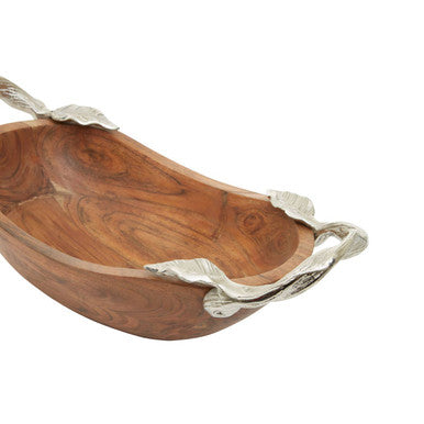 Orsina Vine Acacia Wood Small Oval Bowl with Silver Leaf Handles