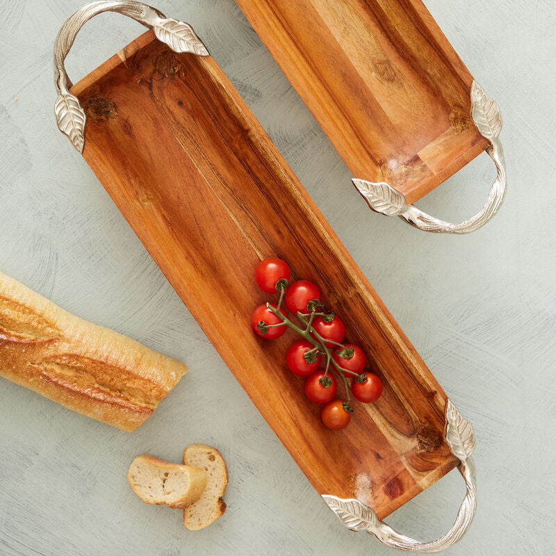 Orsina Vine Large Acacia Wood Serving Dish with Silver Leaf Handles