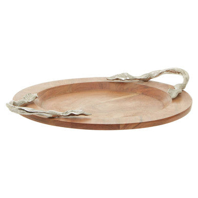Orsina Vine Acacia Wood Round Serving Tray with Silver Handles