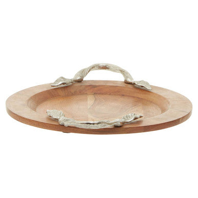 Orsina Vine Acacia Wood Round Serving Tray with Silver Handles