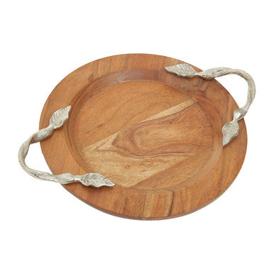 Orsina Vine Acacia Wood Round Serving Tray with Silver Handles