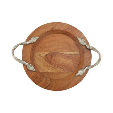 Orsina Vine Acacia Wood Round Serving Tray with Silver Handles