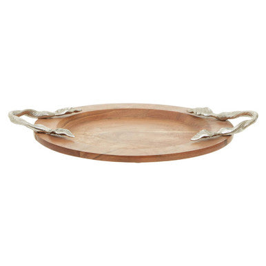 Orsina Vine Acacia Wood Round Serving Tray with Silver Handles