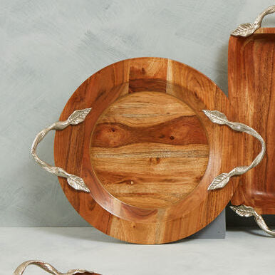 Orsina Vine Acacia Wood Round Serving Tray with Silver Handles