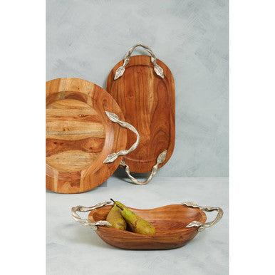 Orsina Vine Acacia Wood Round Serving Tray with Silver Handles