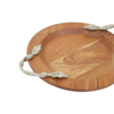 Orsina Vine Acacia Wood Round Serving Tray with Silver Handles