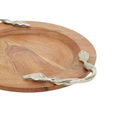 Orsina Vine Acacia Wood Round Serving Tray with Silver Handles