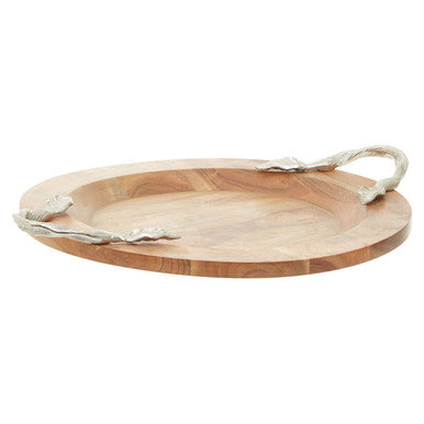 Orsina Vine Large Acacia Wood Round Serving Tray with Silver Handles