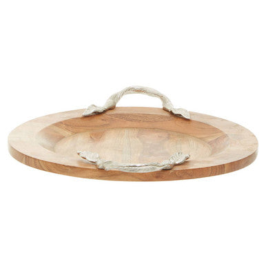 Orsina Vine Large Acacia Wood Round Serving Tray with Silver Handles