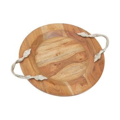 Orsina Vine Large Acacia Wood Round Serving Tray with Silver Handles