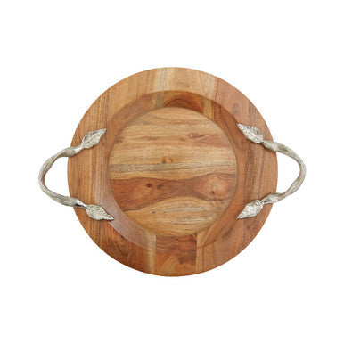 Orsina Vine Large Acacia Wood Round Serving Tray with Silver Handles