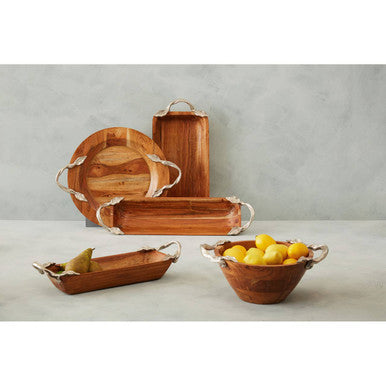 Orsina Vine Large Acacia Wood Round Serving Tray with Silver Handles