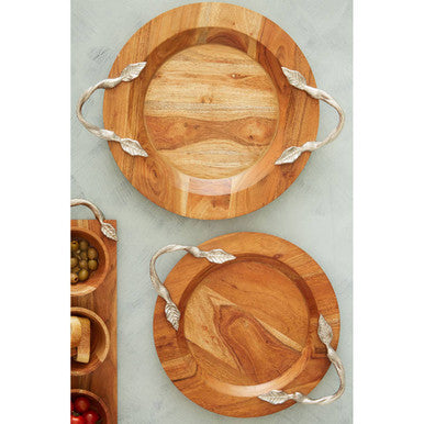 Orsina Vine Large Acacia Wood Round Serving Tray with Silver Handles