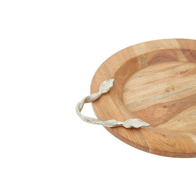 Orsina Vine Large Acacia Wood Round Serving Tray with Silver Handles