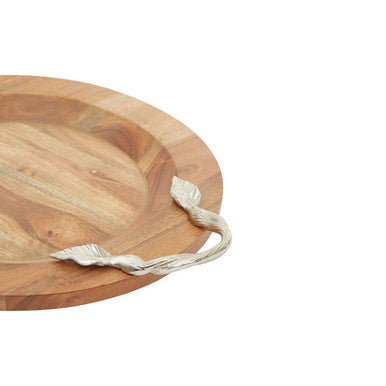 Orsina Vine Large Acacia Wood Round Serving Tray with Silver Handles